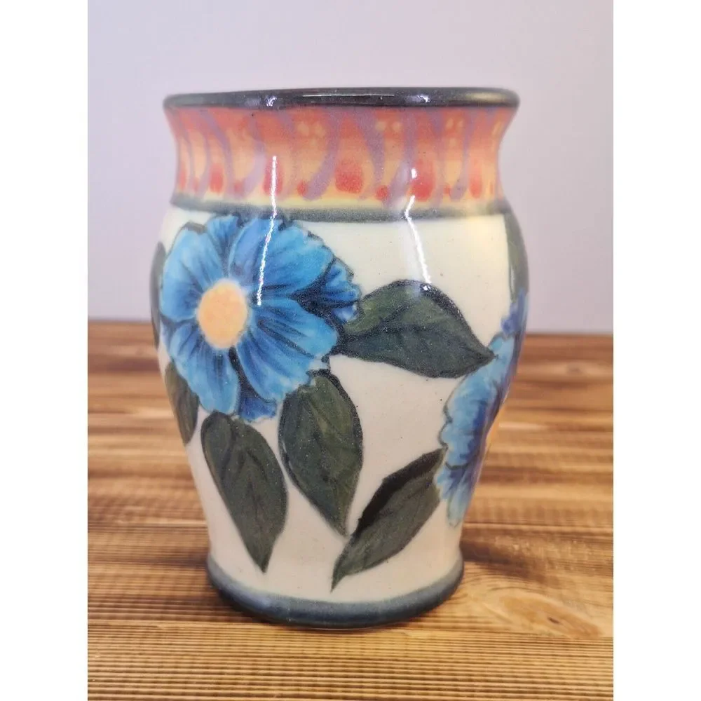 Vintage Ceramic Floral‎ Small Flower Vase Glazed Blue Red Green 4.25